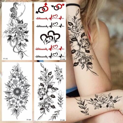 Black Leaf Zinnia Flower Temporary Tattoos For Women Men Realistic Snake Cardiogram Fake Tattoo Sticker Cluster Forearm Tatoos