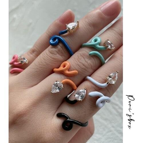 PerisBox Trendy Chic Irregular Geometric Micro Zircon Open Rings For Women Cute Candy Color Snake Shaped Adjustable Enamel Ring