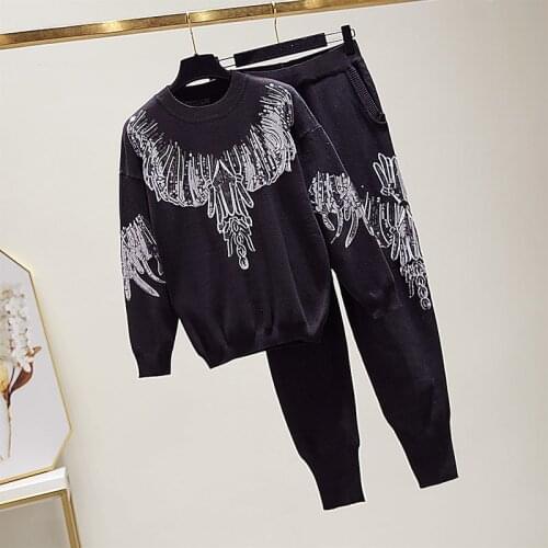 Black Sequins Knit Tracksuit Outfits Autumn Casual 2piece Set Womens Long sleeve Knitwear Long Pencil pants Female Knitted Sets