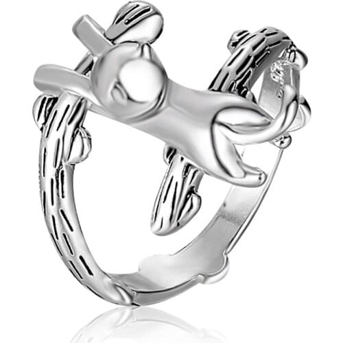 Creative Kitten Climbing Tree Branch Rings For Women Men Cute Cat Opening Finger Silver Color Adjustable Rings Female Jewelry