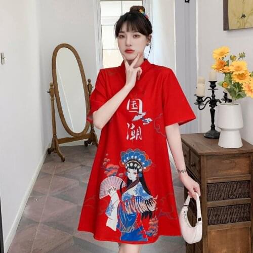 Chinese Style Print Plus Size Improved Cheongsam 2021 Summer Stand Collar A-line Loose Short Sleeve Dress for Women Qipao 4XL