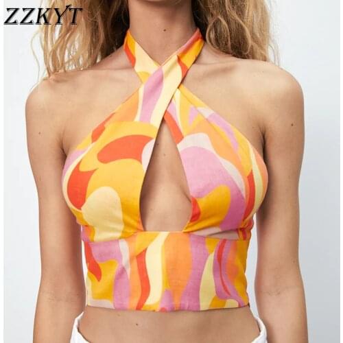 ZZKYT 2021 Women Summer Vintage Print Cropped Tank Tops Fashion Sexy Halter Neck Sleeveless Backless Female Camis Chic Top Mujer