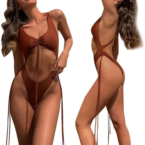 1pcs Long Tassel Beach Swimsuit Womens Sexy Sleeveless Swimwear V-neck Bare Midriff Bodysuit Solid Color Backless Bathing Suit
