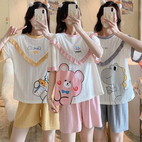 2021 Summer Short Sleeve Cotton Shorts Pajama Sets for Women Korean Cute Cartoon Sleepwear Pyjamas Homewear Pijama Mujer Clothes