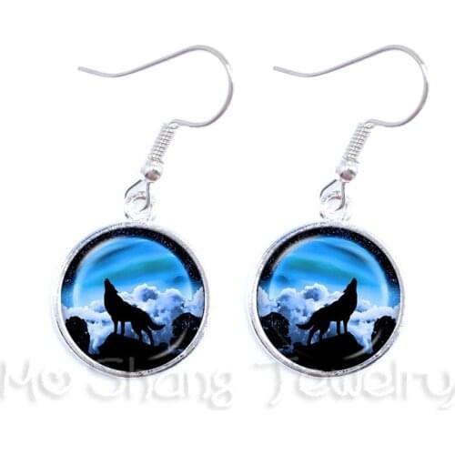Hot Sell ! Wolf Drop Earring For Women Glass Cabachon Bezel Brincos Perola Art Photo Dome Round Earrings Fashion Jewelry