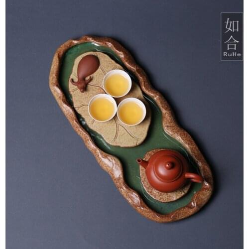 GY Stoneware Japanese Bamboo Tea Tray Small Tea Tray Imitating Stone Lotus Kung Fu Tea Tray Portable Tea Tray Tea Table