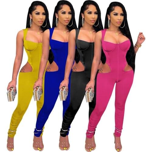 Solid Jumpsuit Women Sexy Sleeveless Hollow Out Pencil Pants Slim Rompers Womens Jumpsuit Streetwear Skinny Overalls for Women