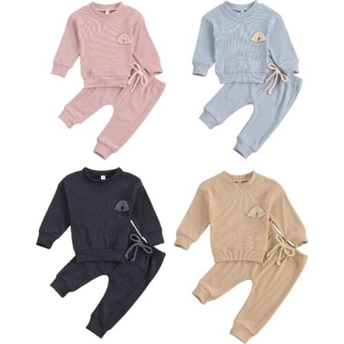 Newborn Baby Solid Color Clothes Set Infant Boys Girls Long Sleeve Knit Sweatshirts Tops + Long Pants Set Baby Outfits Casual
