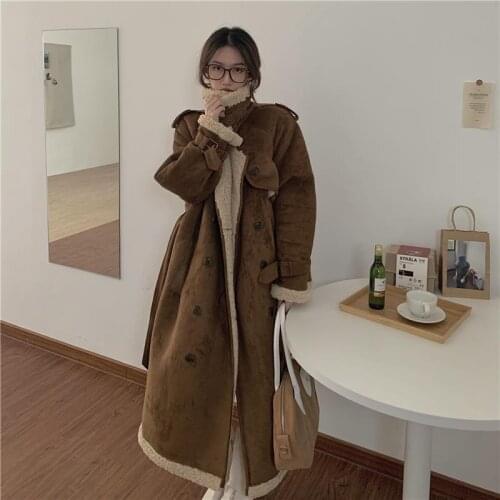 Hstar Women Winter Lambwool Shirling Furry Parkas Fur Collar Jacket Warm Thick Outerwear Faux Lamb Leather Mid-length Coat