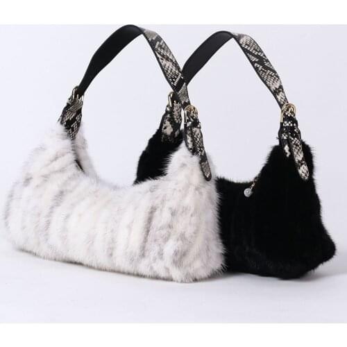 Fashion Ladies Real Mink Fur Hand Bag Snake Print Handbag Women