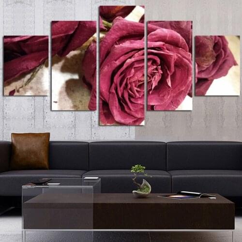 Canvas Poster Framework Living Room HD Printed Pictures 5 Panels Romantic Roses Modular Wall Art Home Decor Flowers Painting
