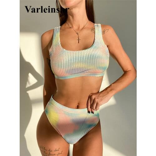 New Sexy Tie Dye Ribbed High Waist Bikini Female Swimsuit Women Swimwear Two-pieces Bikini set Bather Bathing Suit Swim V2858