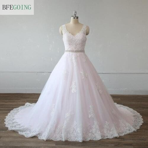 Pink Satin Ivory Lace Beading V-Neck Bridal gown Strapless Floor-length A-line Wedding dress Chapel Train Custom made