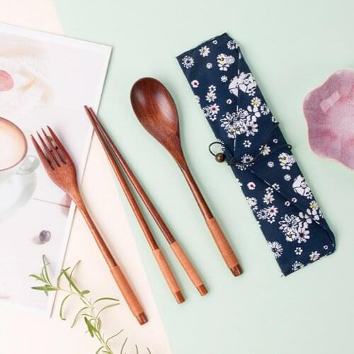 Retro Japanese Style Portable Wood Tableware Wooden Cutlery Sets Travel Dinnerware Suit Environmental with Cloth Pack Gifts set