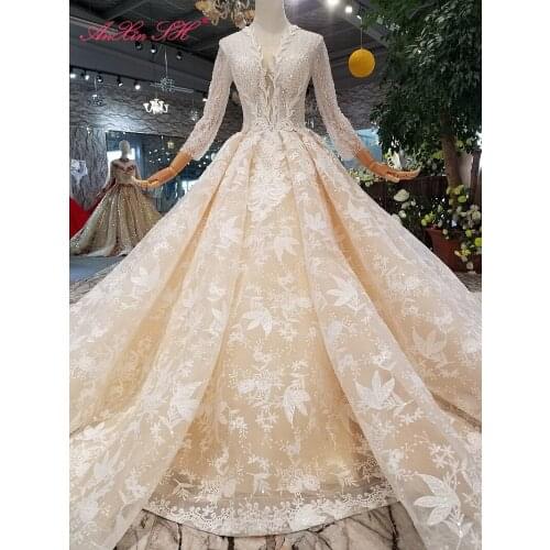 AnXin SH Luxury princess champagne flower lace beading crystal o neck sparkly long sleeve wedding dress 100% real photo