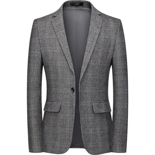 Grey Plaid Suit Jacket Blazer Notch Lapel Single Breasted One Button Spring Autumn Regular Fit Casual Bussiness Costumes Tuxedos