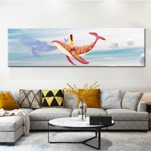 Nordic Watercolor Cartoon Whale Fish and Girl Canvas Painting Poster Print Ocean Wall Picture For Kid Room Home Decorative Mural