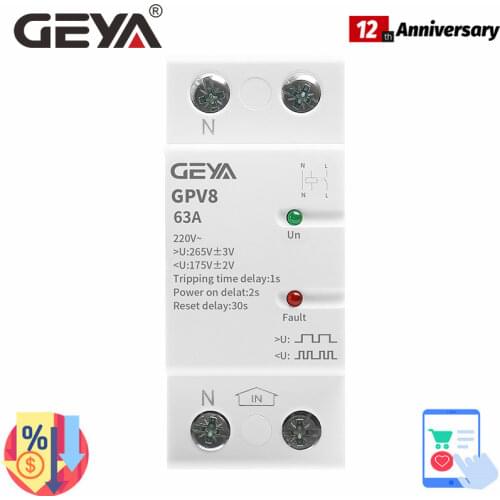 GEYA GPV8-63 Automatic Recovery Over and Under voltage Protective Device 2Pole Din Rail 32A 40A 50A 63A 220VAC