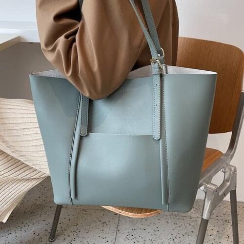 High Capacity Shoulder Bags for Women 2021 New Big 2 Pieces Set Totes Handbag Ladies Solid Color Soft Leather Shopping Hand Bag