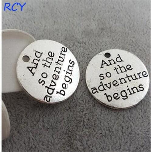 Top Quality 20 Pieces/lot 25mm Round Disc Letter Printed and so the adventure begins charms adventur charms for jewelry making