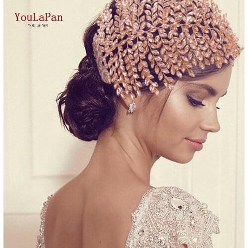 YouLaPan HP238-P Skin Pink Rhinestone Bridal Hair Tiara Bridal Crown Large Bridal Crown and Tiara Handmade Bridal Headband