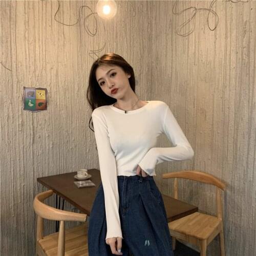 2021 autumn new fashion slim slimming basic round neck long-sleeved T-shirt top with wooden ears women