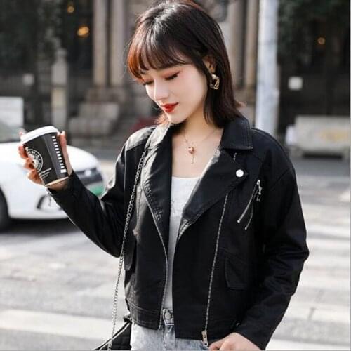 Leather Jacket Womens Coat 2020 Autumn New Womens Washed Pu Leather Jacket Lapel Zipper Motorcycle Short Jacket High Quality