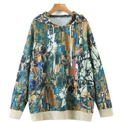 Women Hoodies Za 2021 Fashion Geometric Print Streetwear Hooded Sweatshirts Long Sleeve Loose Hip-Pop Pullovers Cool Mujer Tops