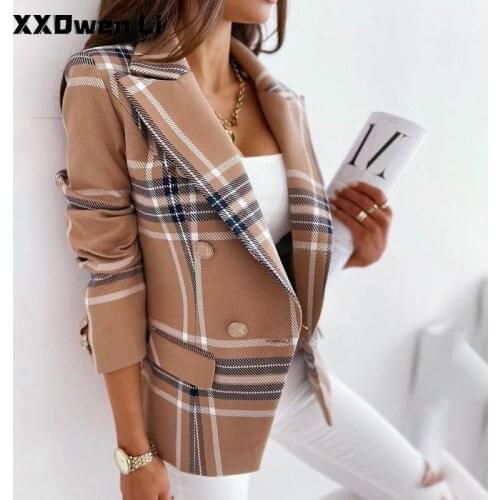 Womens Autumn Fashion Plaid Printing Long-sleeves Double-breasted Suit Jacket 2021 Winter Casual Slim Office Ladies Suit Coat