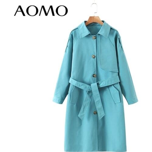 AOMO Women Solid Solid Long Trench Coat With Belt 2021 Autumn Elegant Female Outwear Windbreak 2Z14A