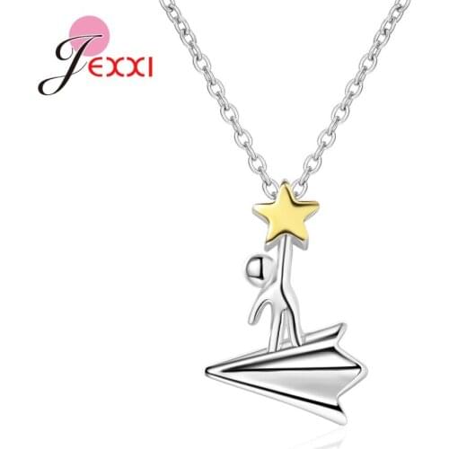 Fashion Simple 925 Sterling Silver Paper Airplane Star Catcher Pendant Necklaces For Women Girl Link Chain Party Gifts Jewelry