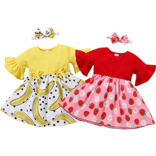 2021 Fashion Toddler Kids Baby Girl Fruit Print Flare Sleeve Round Neck Dress + Bowknot Headband 6M-3T