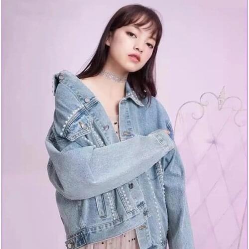 2021 New Autumn Women Denim Jackets Pearls Solid Color Long Sleeve Female Jean Coats Loose Korean Fashion Blue Student Outerwear