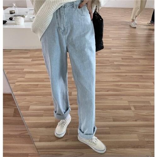 2021 New Light Blue Womens Jeans Spring Streetwear Casual High Waist Straight Pants Fashion Girl Student Baggy Denim Trouser