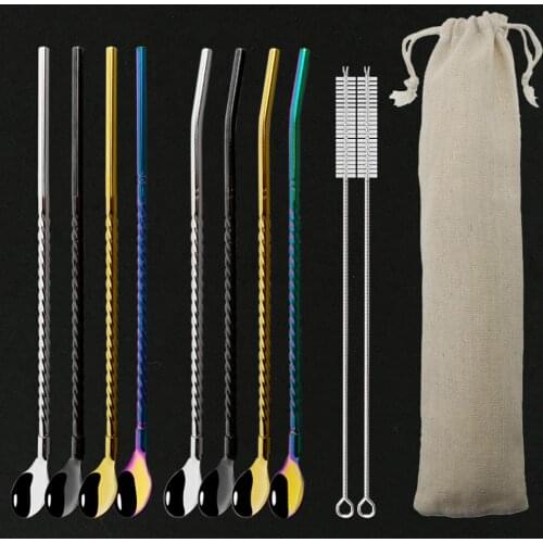 8Pcs Reusable Metal Drinking Straw Eco Friendly 304 Stainless Steel Drinking Spoon Straws With Cleaing Brush Portable Straw Bag