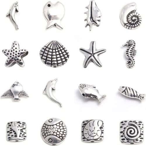 Doreen Box Zinc Based Alloy Ocean Animal Jewelry Beads Silver Color Shell Star Fish Seahorse DIY Findings Accessories 50 PCs