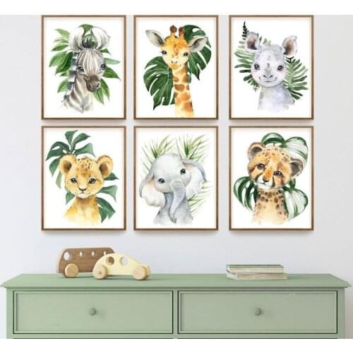 Baby Giraffe Tiger Horse Rhino Leaf Wall Art Canvas Painting Nordic Posters And Prints Animal Wall Pictures Baby Kids Room Decor