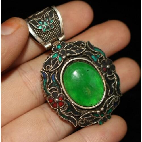 Chinese Old Craft Made Old Tibetan Silver Inlaid Green Jade Pendant