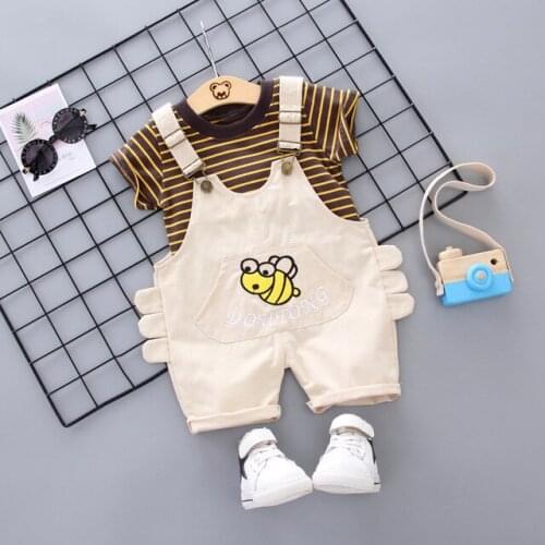 Baby boys summer clothing set fashion cotton stripe sleeve tops + cartoon bib shorts 2pcs little boys outfits tracksuit