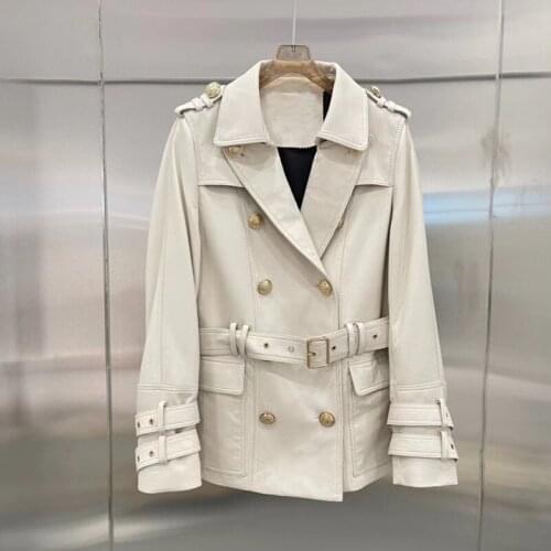 Spring Clothes Women Short Length Import Real Sheepskin Turn-Down Collar Coat With Sashes Genuine Leather Jacket Size M-XXL