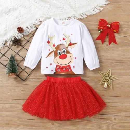 2022 New Year XMAS Christmas Set Baby Girls Clothes Deer Print Long Sleeve O-neck Tops + Dot Print Short Tulle Skirt