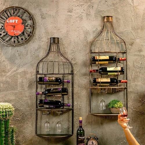 Wrought Iron Restaurant Wall Hanging Wine Racks Retro Bar Cabinets Decoration Creative Cafe Display Shelf with Wine Glass Holder