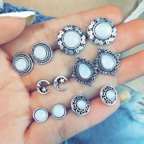 6 Pair/set Fashion Temperament Carving Water Drops Round Hollow Flowers Opal Stud Earrings Set Women Wedding Jewelry Gifts