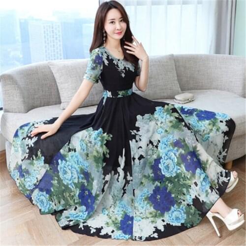Chiffon dress 2020 Korean new style o-neck short-sleeved chiffon printed long Slim was thin and big swing beach dress