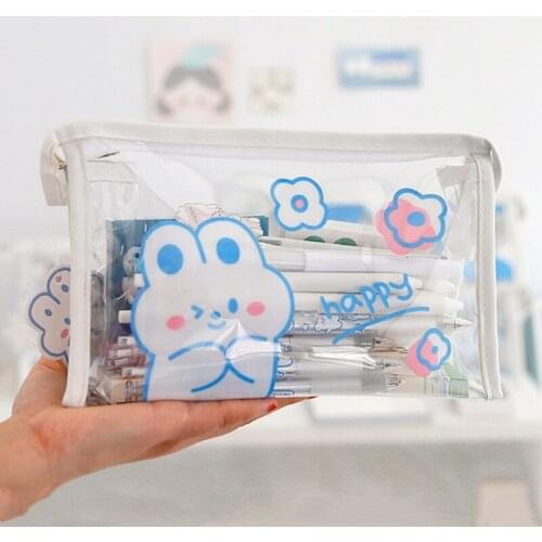 Cute Rabbit Clear PVC Zipper Pen Pencil Case Portable Travel Toiletry Bag Cute Transparent Pencil Case Large Capacity Stationery