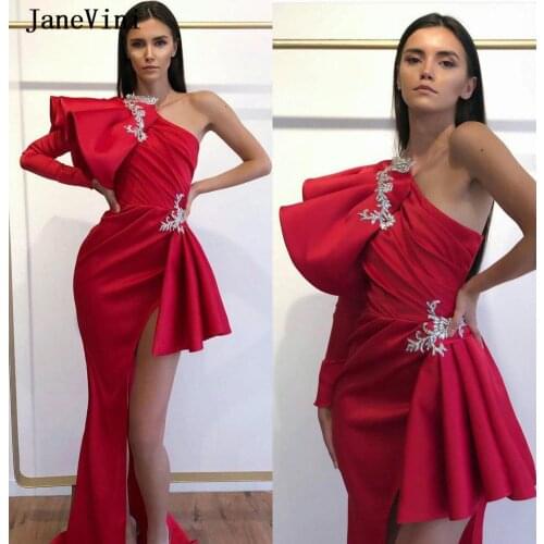 JaneVini 2020 Sexy One Shoulder Long Sleeves Evening Dresses Ruched High Side Split Beaded Mermaid Satin Plus Size Formal Gowns