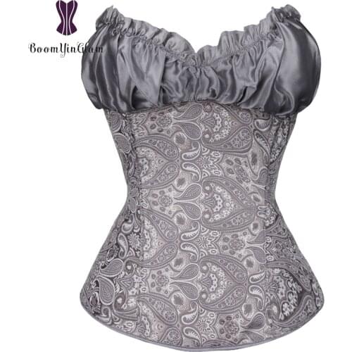 High quality fashion design women ruffled top floral pattern side zip brocade bridal bustier pleated corset with g string 864