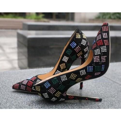 Moraima Snc Black Suede Pointed Toe High Heel Shoes Colorful Crystal Embellished Shallow Stiletto Heels Sexy Office Lady Shoes