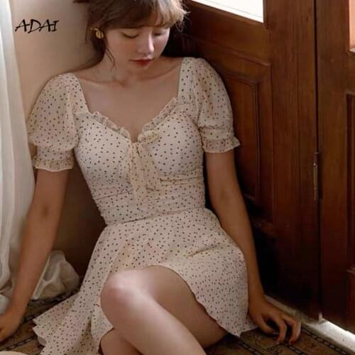 Cute Swimsuit Women 2021 Dot Print Ruffles Bikinis White V Neck Puff Sleeve One Piece Swimwear Cross Strap Monokini Bathing Suit