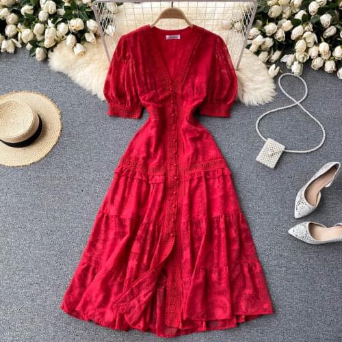 2021 Summer New Fashion Vestidos Female Hollow Sexy Deep V-neck Breasted Slim Puff Sleeve Midi Dress DK494